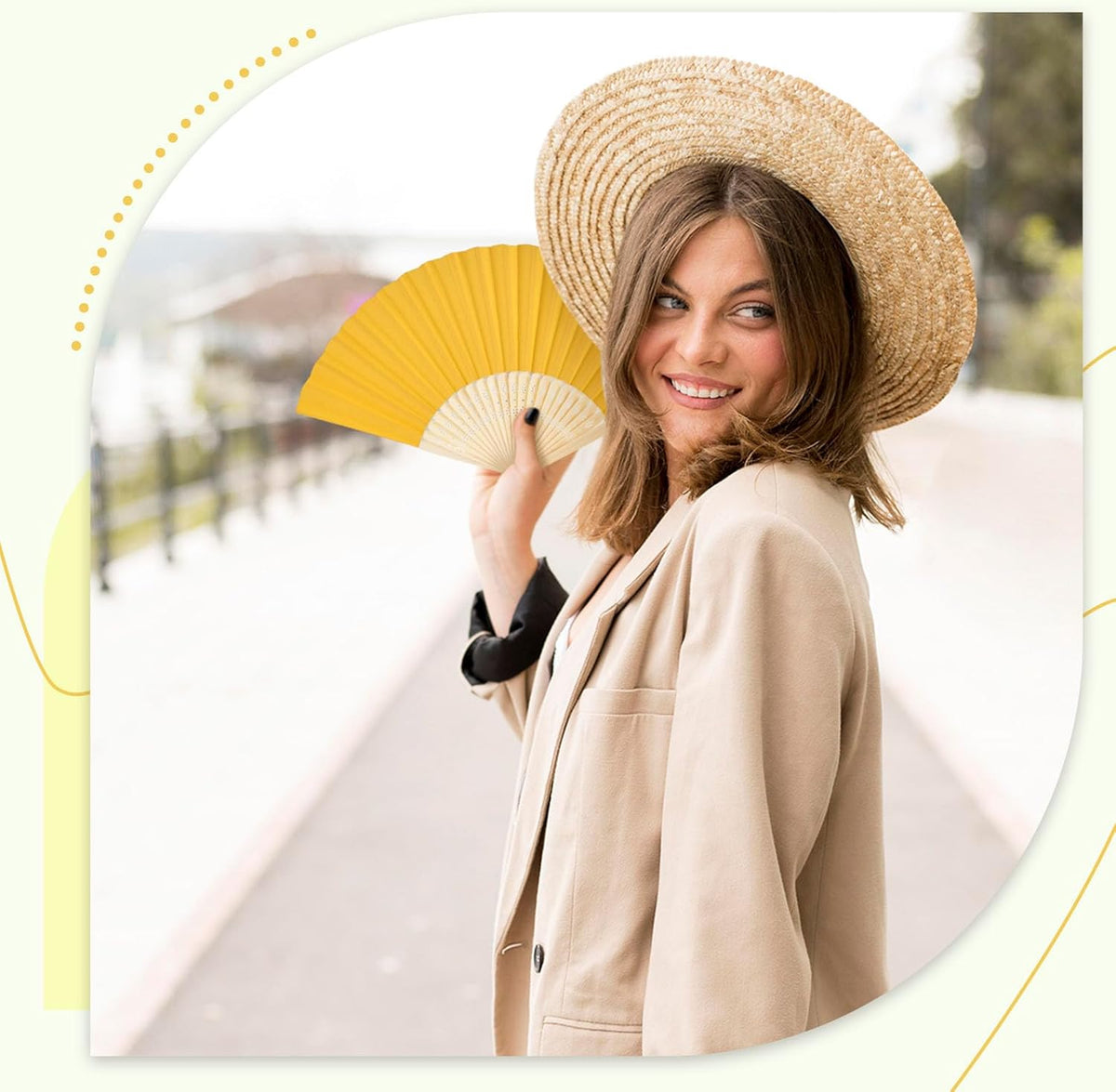 JOHOUSE 12 Pcs Foldable Hand Fan, 8.3 Inch Yellow Paper Fans for Lemon Party Decorations, Wedding