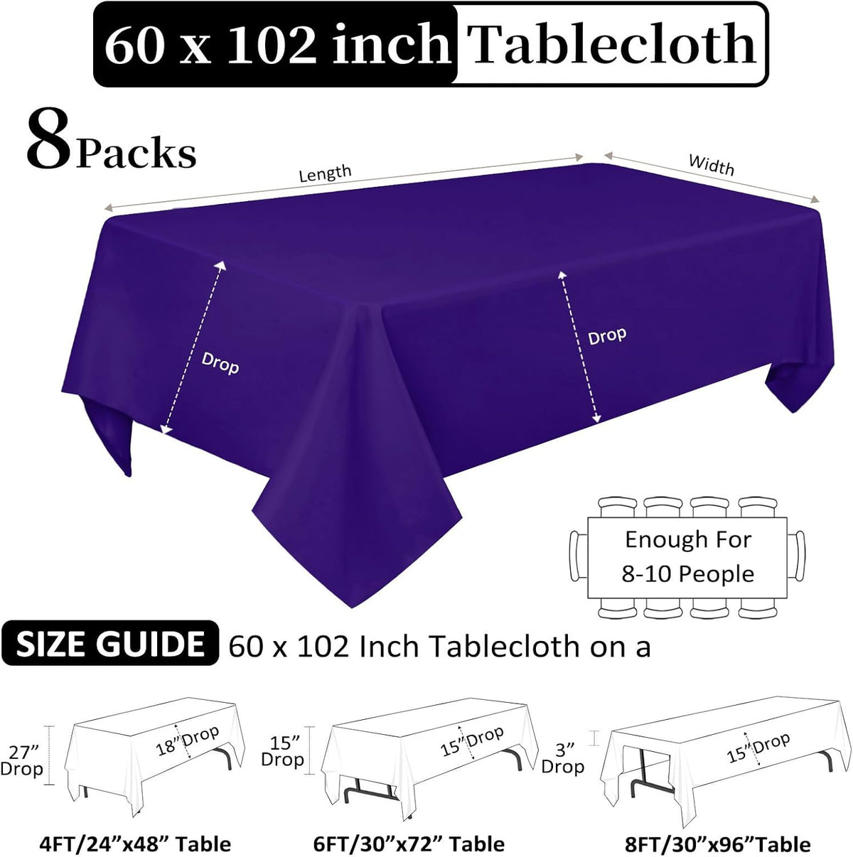 8 Pack Purple Tablecloth 60 x 102 Inch Rectangular Tablecloths for 6 Foot Rectangle Tables, Wrinkle