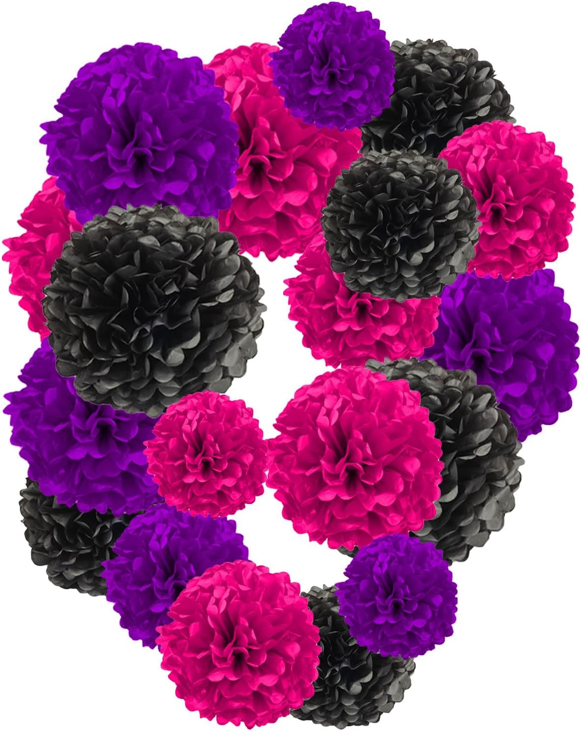 Rose Red Pink and Purple and Black Paper Pom Poms,10",12" Tissue Pom Poms for Party Hanging