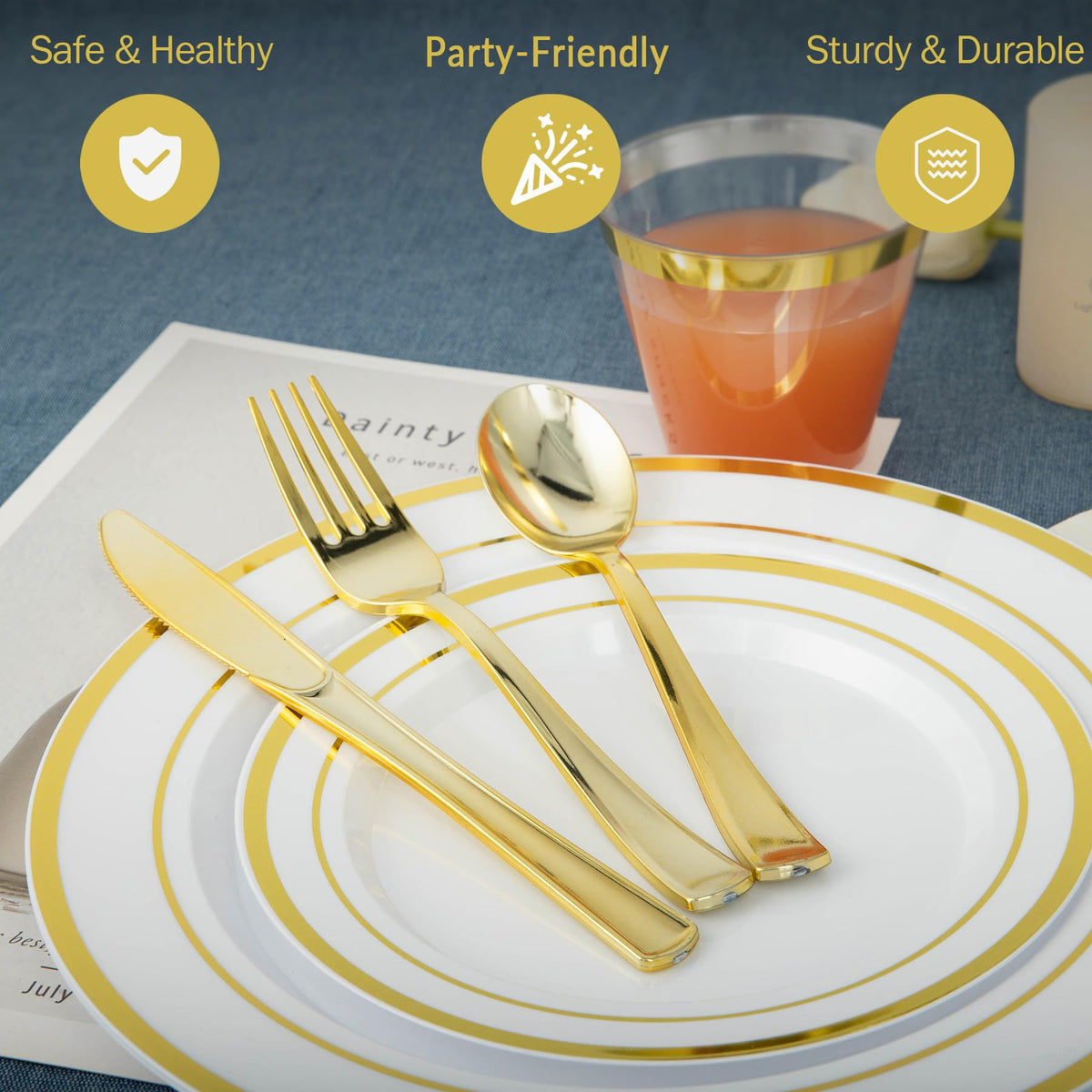 N9R 600PCS White and Gold Plastic Plates, Disposable Dinnerware Set