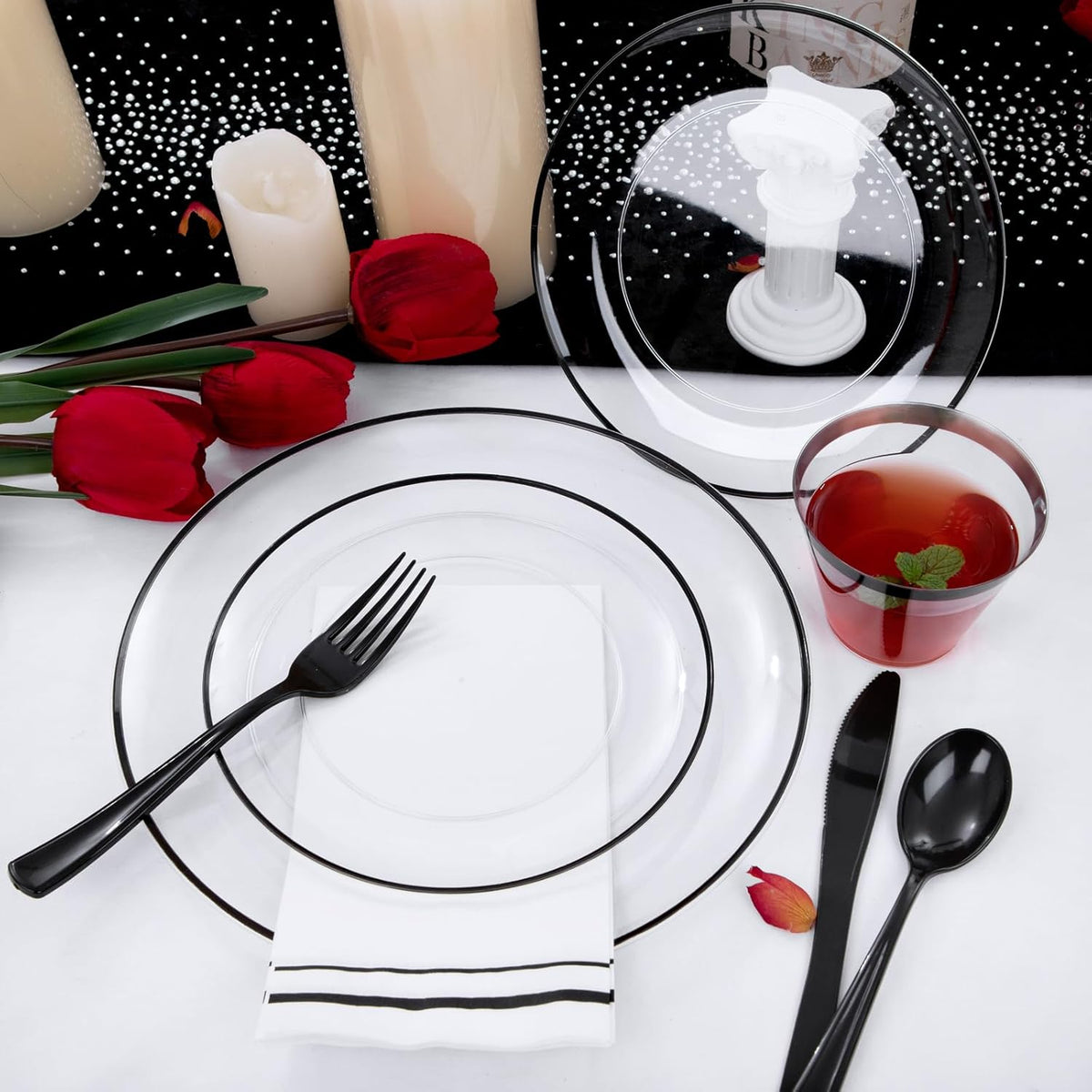 NOCCUR 350PCS Clear and Black Plastic Plates - Disposable Dinnerware Set for 50 Guests Include 100