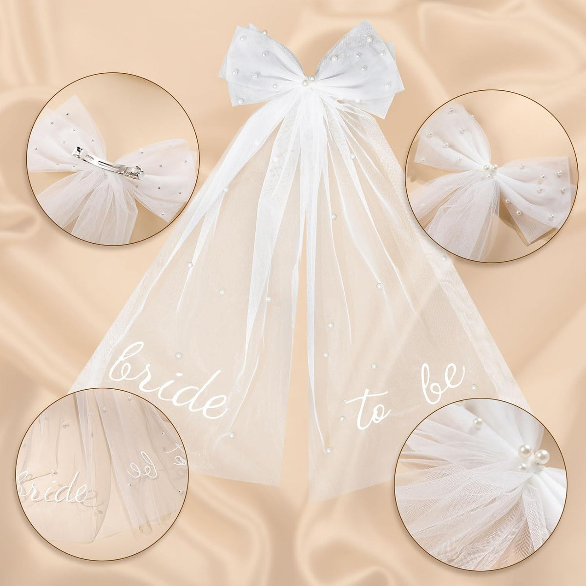 Bride to Be Bridal Veil White Pearl Bow Wedding Veil Hair Clip Tulle Bridal Short Veils for Women