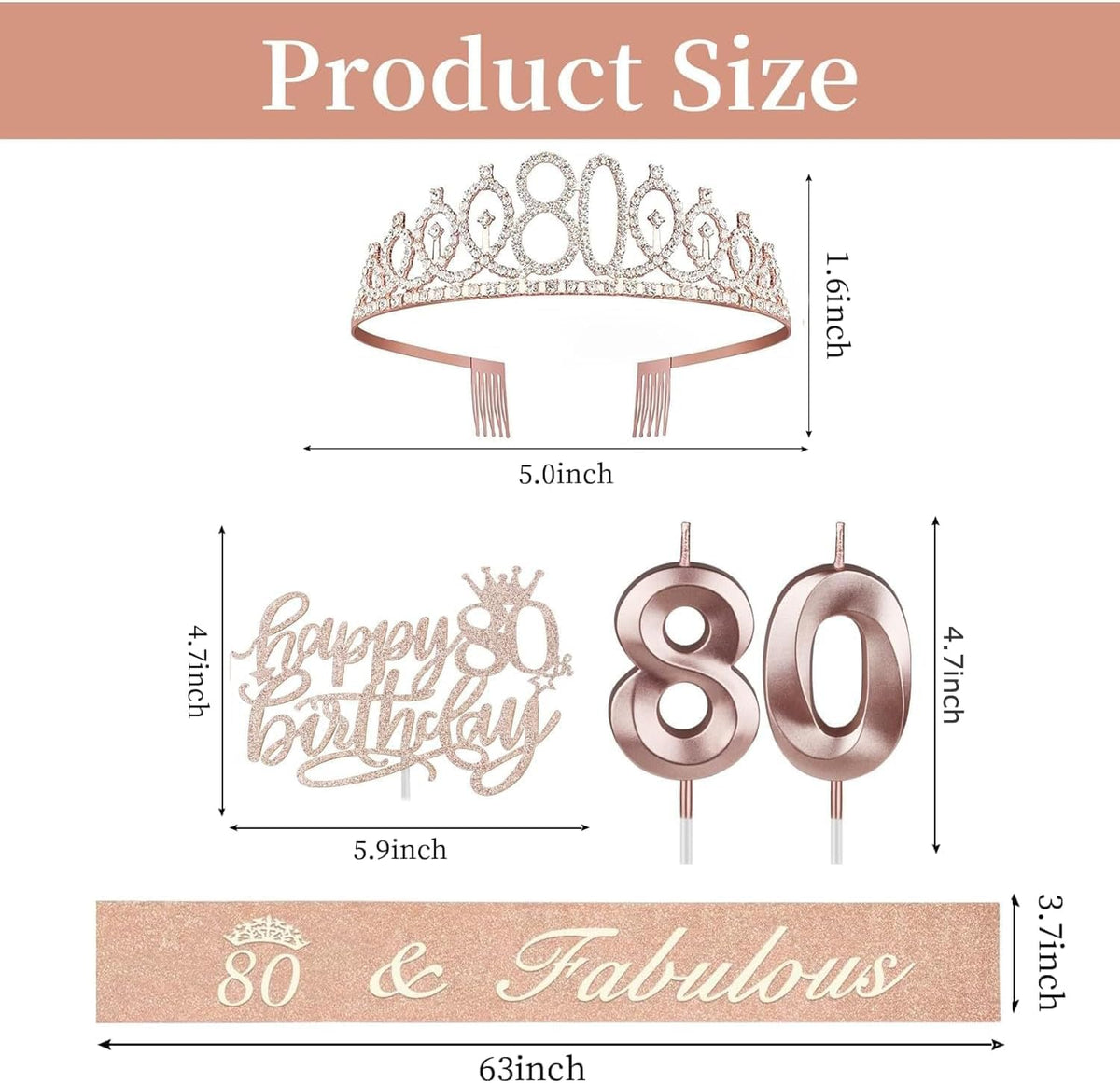 80th Birthday Decorations for Women, Including 80th Birthday Sash and Crown, Cake Topper and