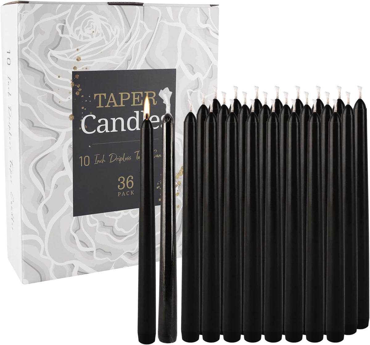 36-Pack 10-Inch Black Taper Candles - Drip-Free Unscented, Long Burning for Dinner Parties
