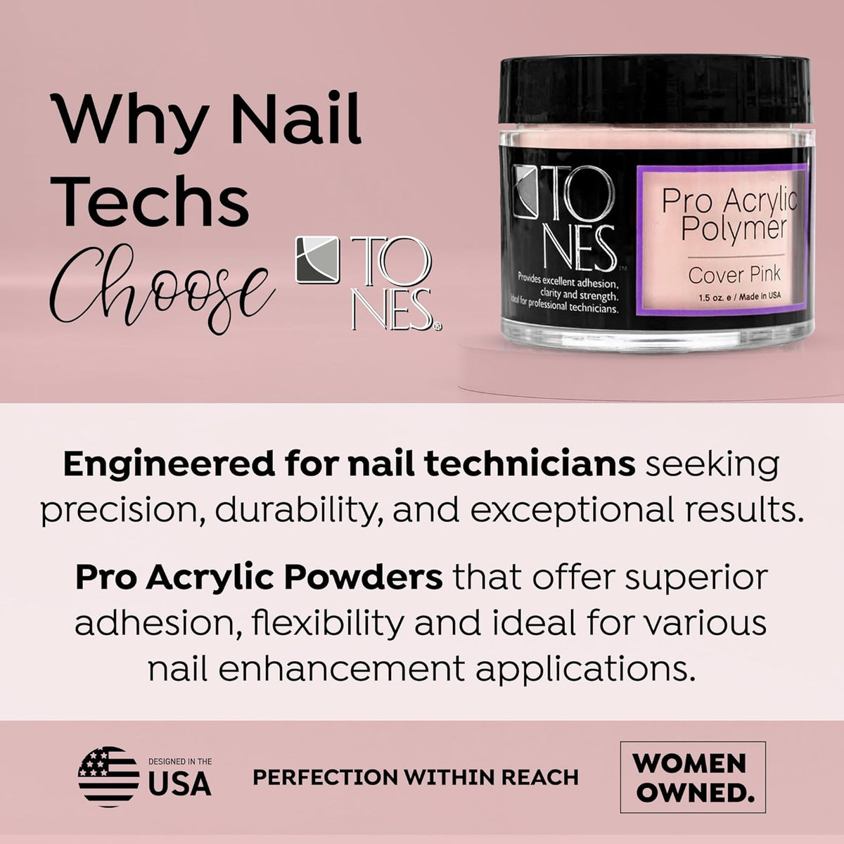Tones Pro Acrylic Nail Powder, Cover Pink (Soft Nude Pink), (8.5 Fl Oz) - Long-Lasting &