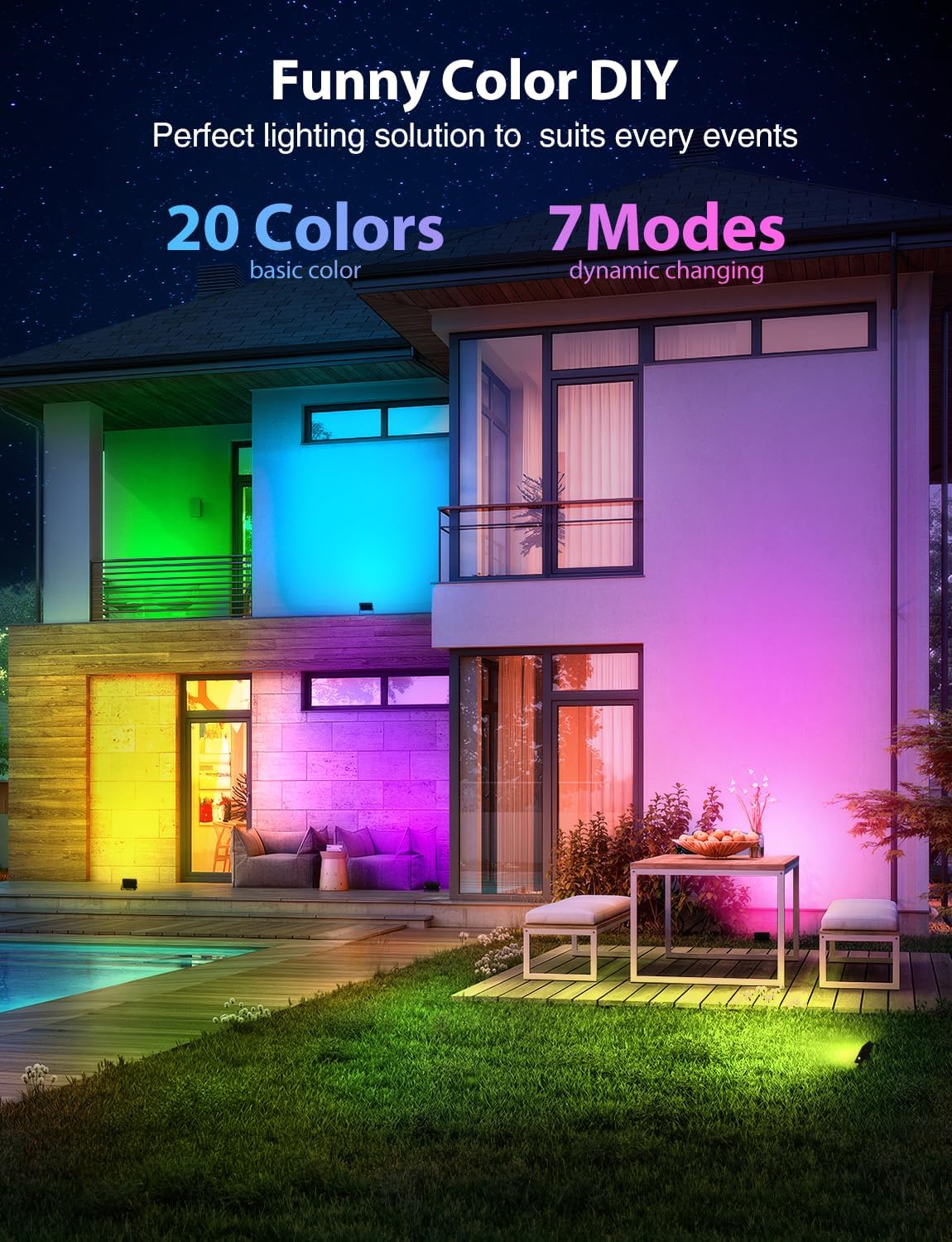 LED Flood Light 600W Equiv, 60W RGB Outdoor Color Changing Stage floodlights with Remote, IP66