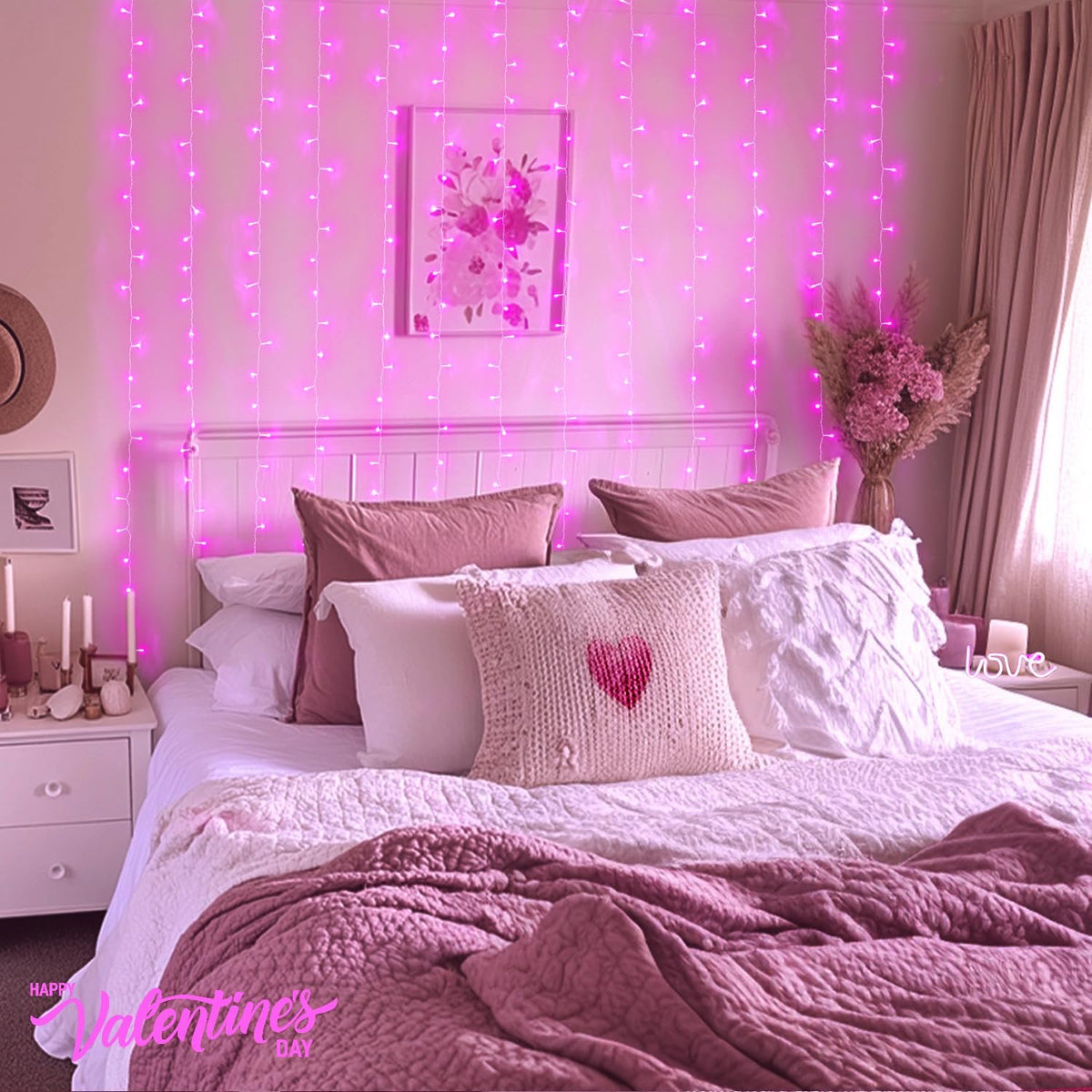 JMEXSUSS 300 LED Curtain Lights Plug in with Remote, 9.8X9.8FT Pink Christmas Lights Indoor, 8