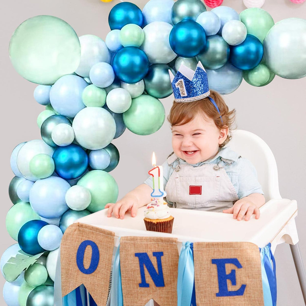 125pcs Blue Green Macaron Balloon and Metallic Blue Silver Balloon Garland Kit for Birthday