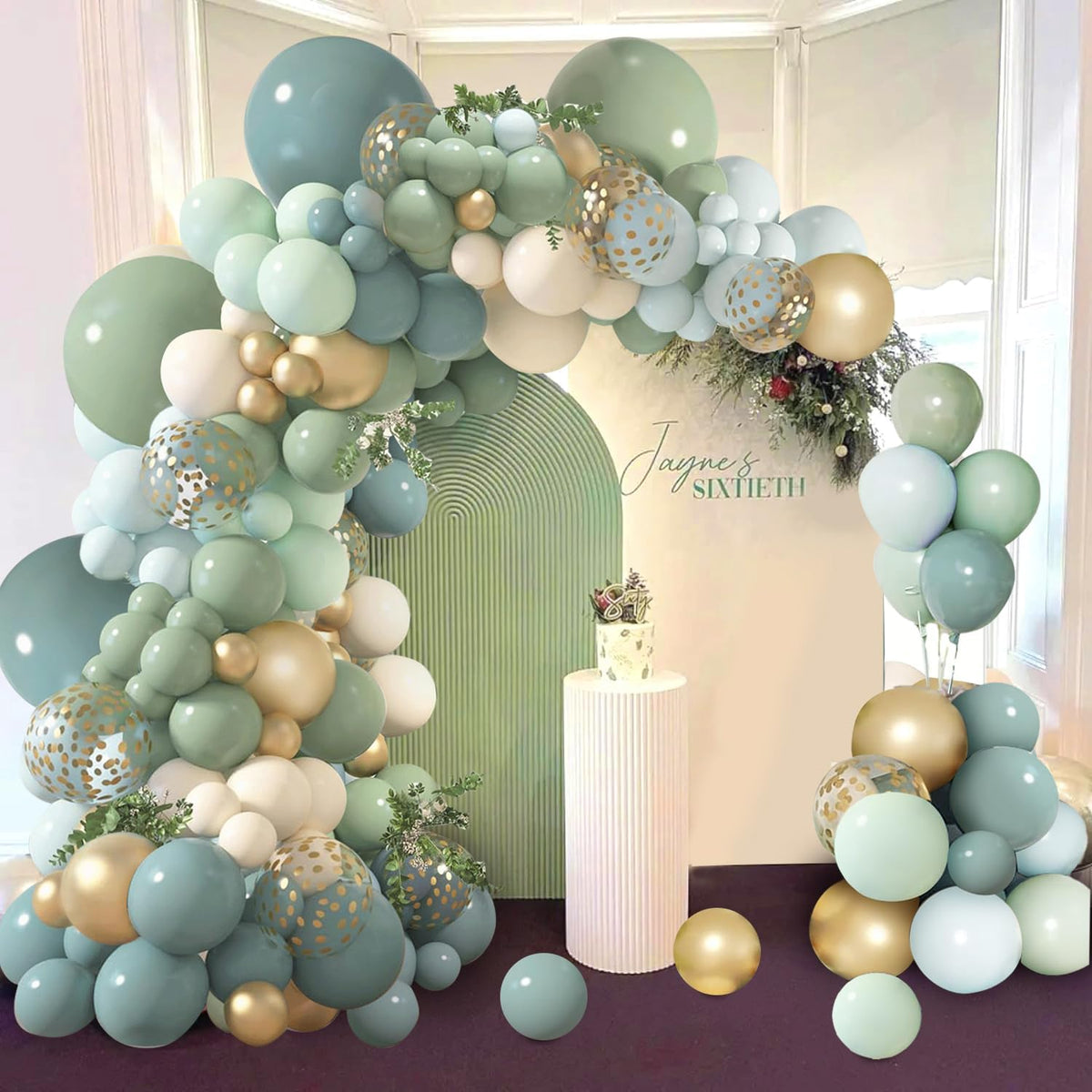 Dusty Blue Sage Green Balloon Arch Kit, Pastel Blue Green Sand White Gold Confetti Balloons Garland