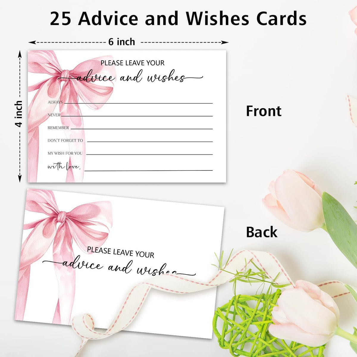 Pink Bow Advice and Wishes Card, Advice Cards for The Bride and Groom, Bridal Shower,Wedding or