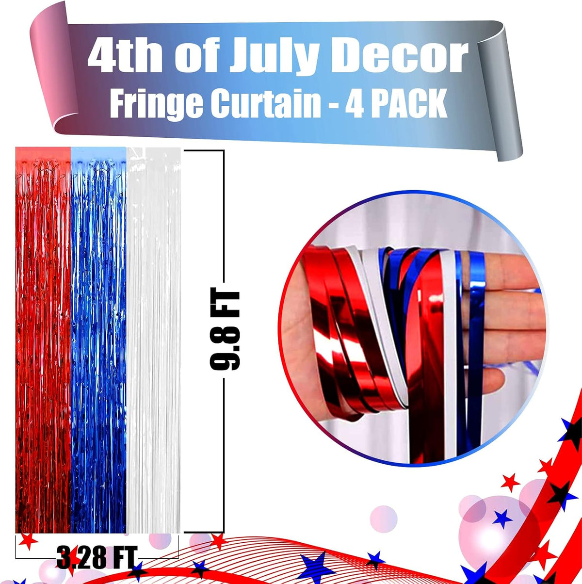 4 Pack Red Blue White Foil Fringe Curtain Backdrop, 3.28Ft x 9.8Ft Metallic Tinsel Foil Fringe