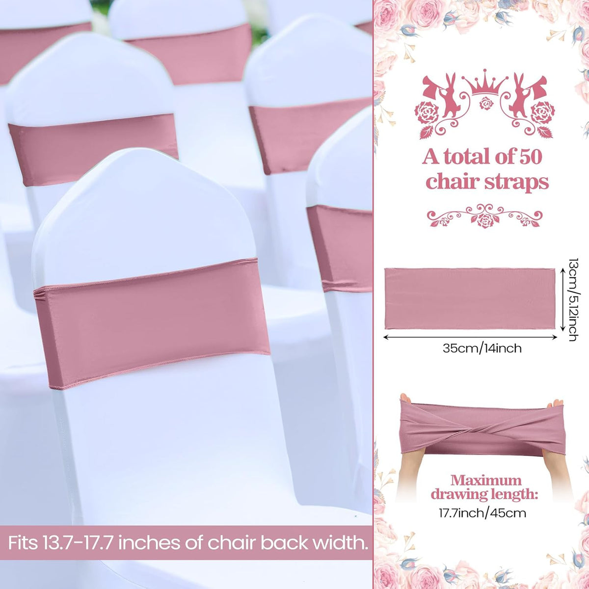 Kinlop 50 Pcs Spandex Chair Sashes Bows Chair Bands Slider Sashes for Covers Elastic Bands Ties