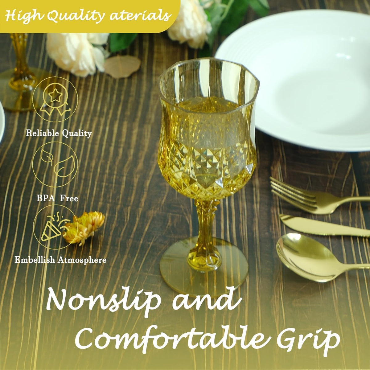 Plastic Wine Glasses，100PCS Gold Plastic Goblets Vintage Style Cordial Drinking Glasses for Wedding