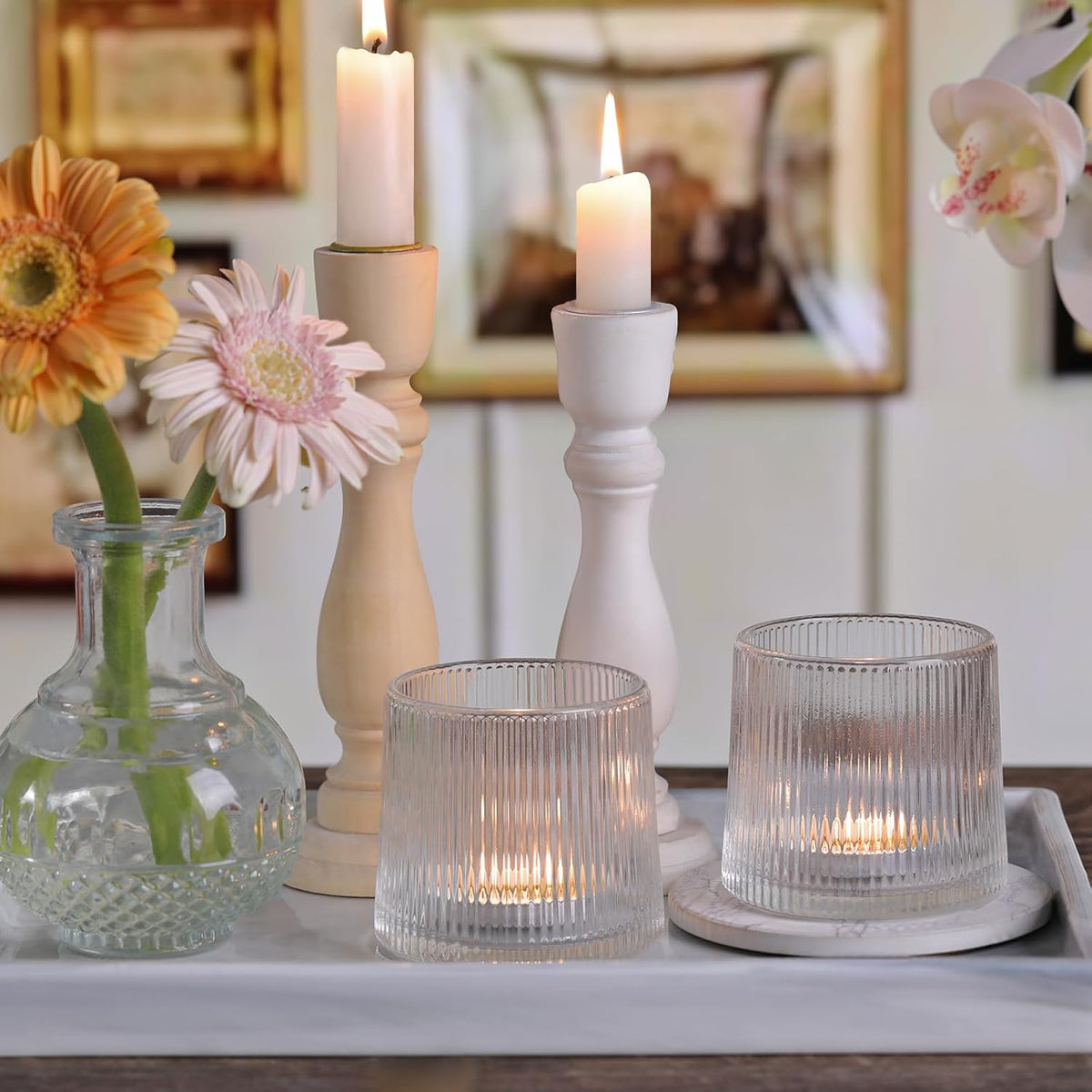DARJEN Clear Ribbed Tealight Votive Candle Holders- 6Pack Glass Candle Holders for Table