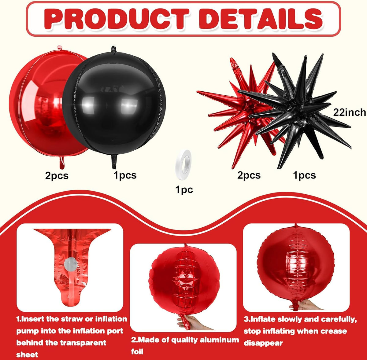 6Pcs Black Red Foil Balloons,22Inch Black Red 4D Round Ball Balloon and Explosion Star Balloon for