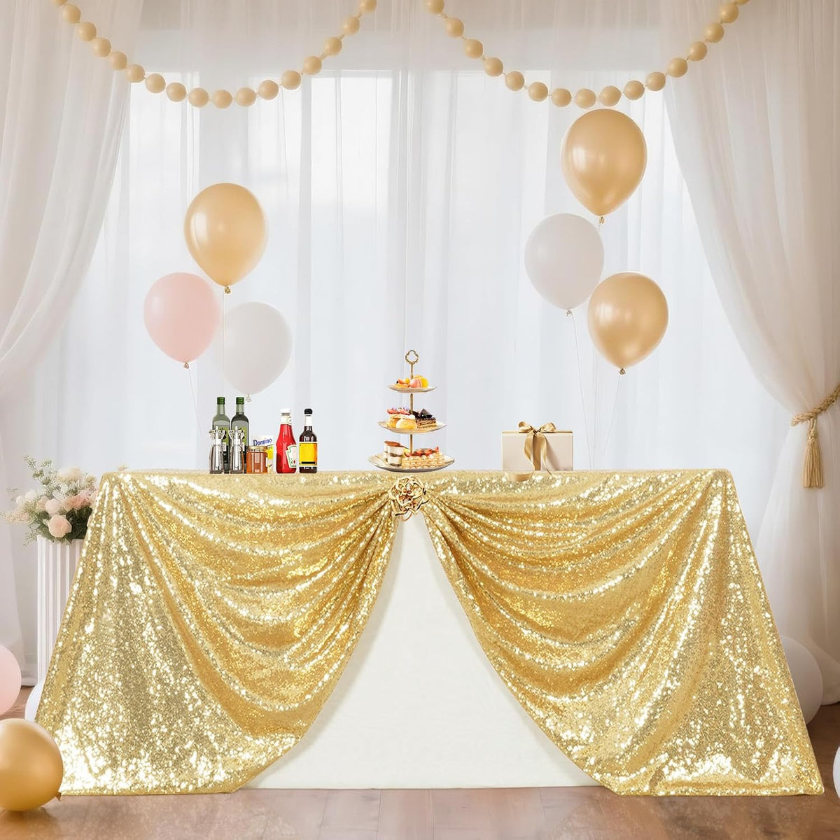 SquarePie Sequin Tablecloth 60 x 120 Inch Light Gold Reflect Lights Bling Sparkly Table Cloth for