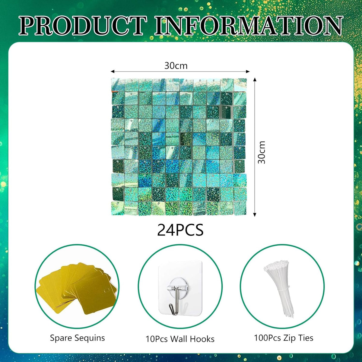 24PCS Light Green Shimmer Wall Backdrop, Laser Square Sequin Photo Backdrops Panel, Glitter Wall