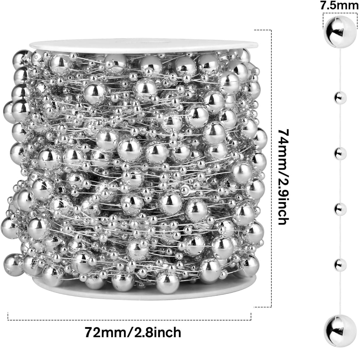 98FT Pearl Beads String Garland, 8mm 3mm Silver Faux Pearl Beads Roll Strand Bulk for Wedding Party