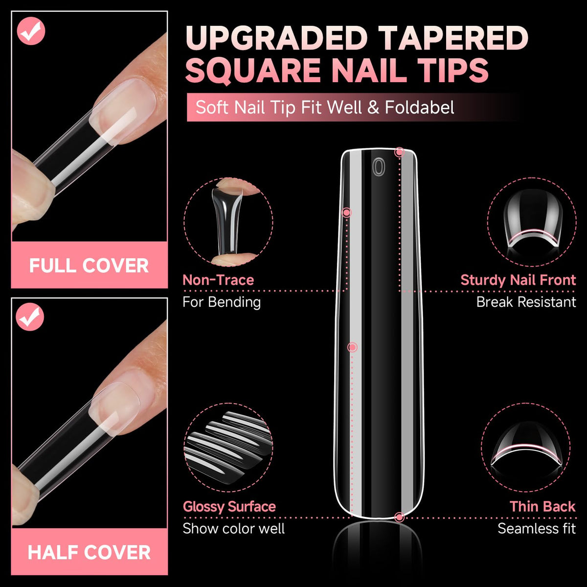 UNA GELLA Extra Long Tapered Sqaure Nail Tips Full Cover 504pcs No C Curve Clear Gel Nail Tips XXL