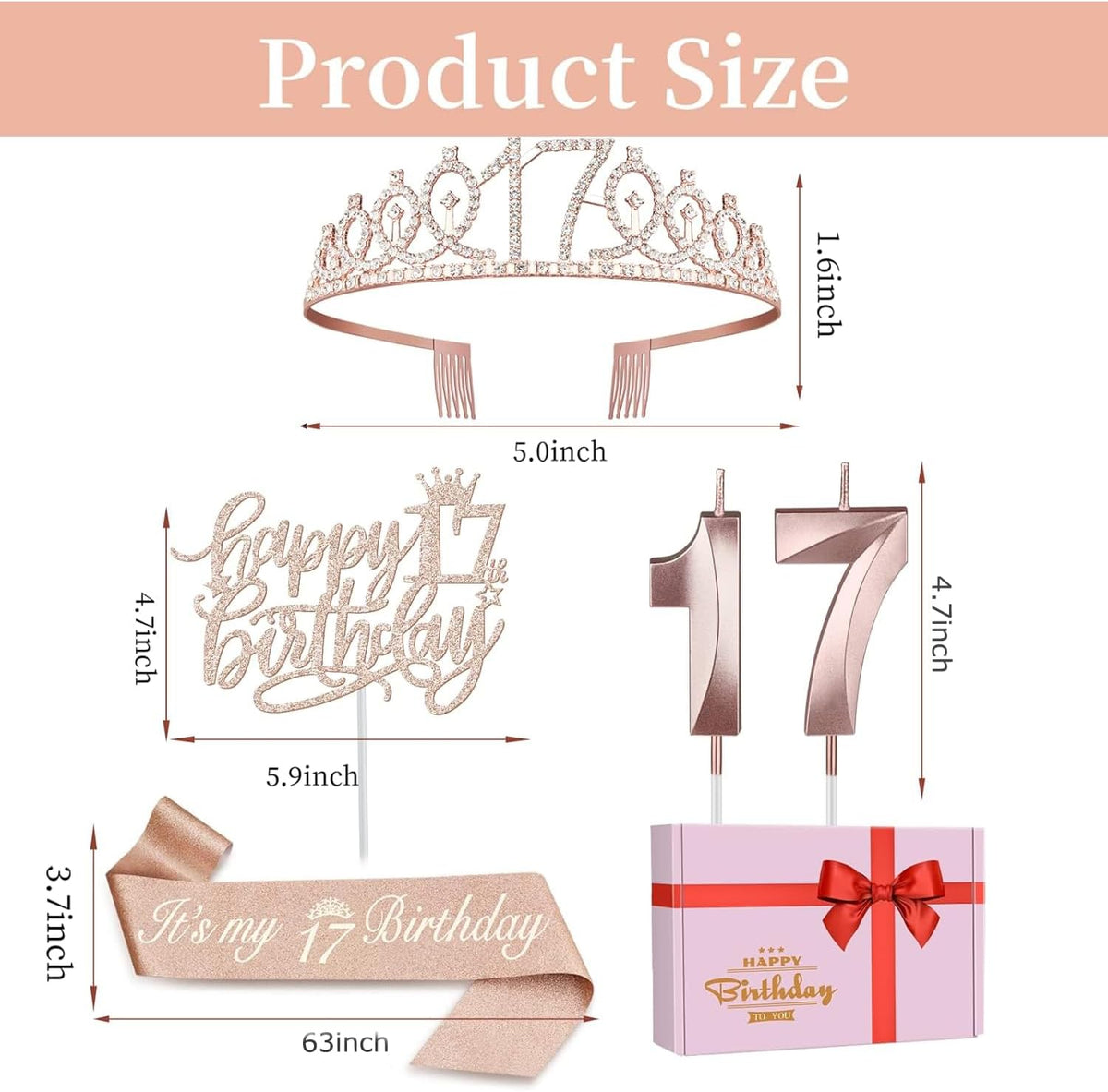 17th Birthday Decorations for Girls Including Birthday Girl Sash, Crown, Numeral Candles and Cake