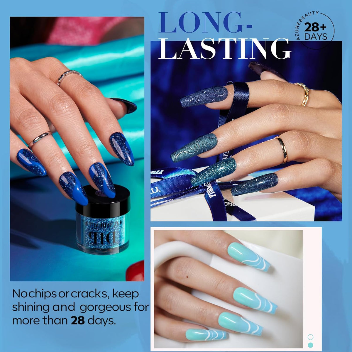 AZUREBEAUTY 30Pcs Dip Powder Nail Kit Starter with Nail Sticks, Glitter Baby Dark Blue 8 Colors