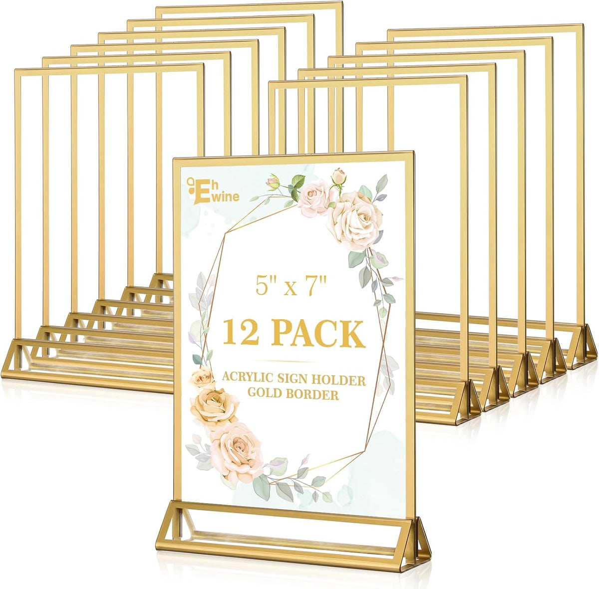EHWINE 12 Pack Acrylic Sign Holder 5 x 7, Double Sided Gold Picture Frame Stand up Table Top Sign