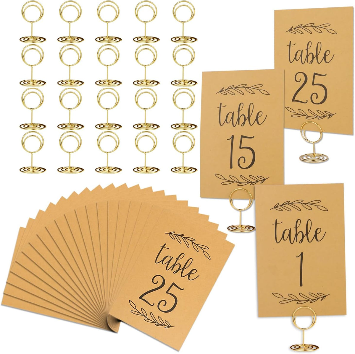 Wedding Table Numbers 1-25, 25 Karft Cards with 25 Gold Holders, 1 Set of 25 Table Numbers for