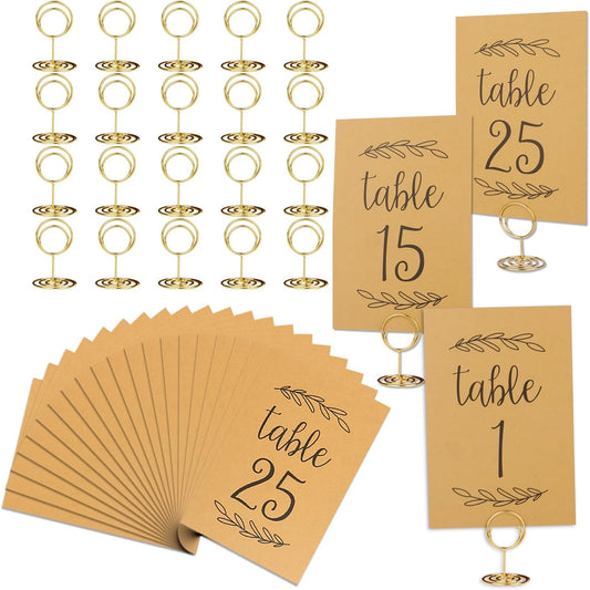 Wedding Table Numbers 1-25, 25 Karft Cards with 25 Gold Holders, 1 Set of 25 Table Numbers for