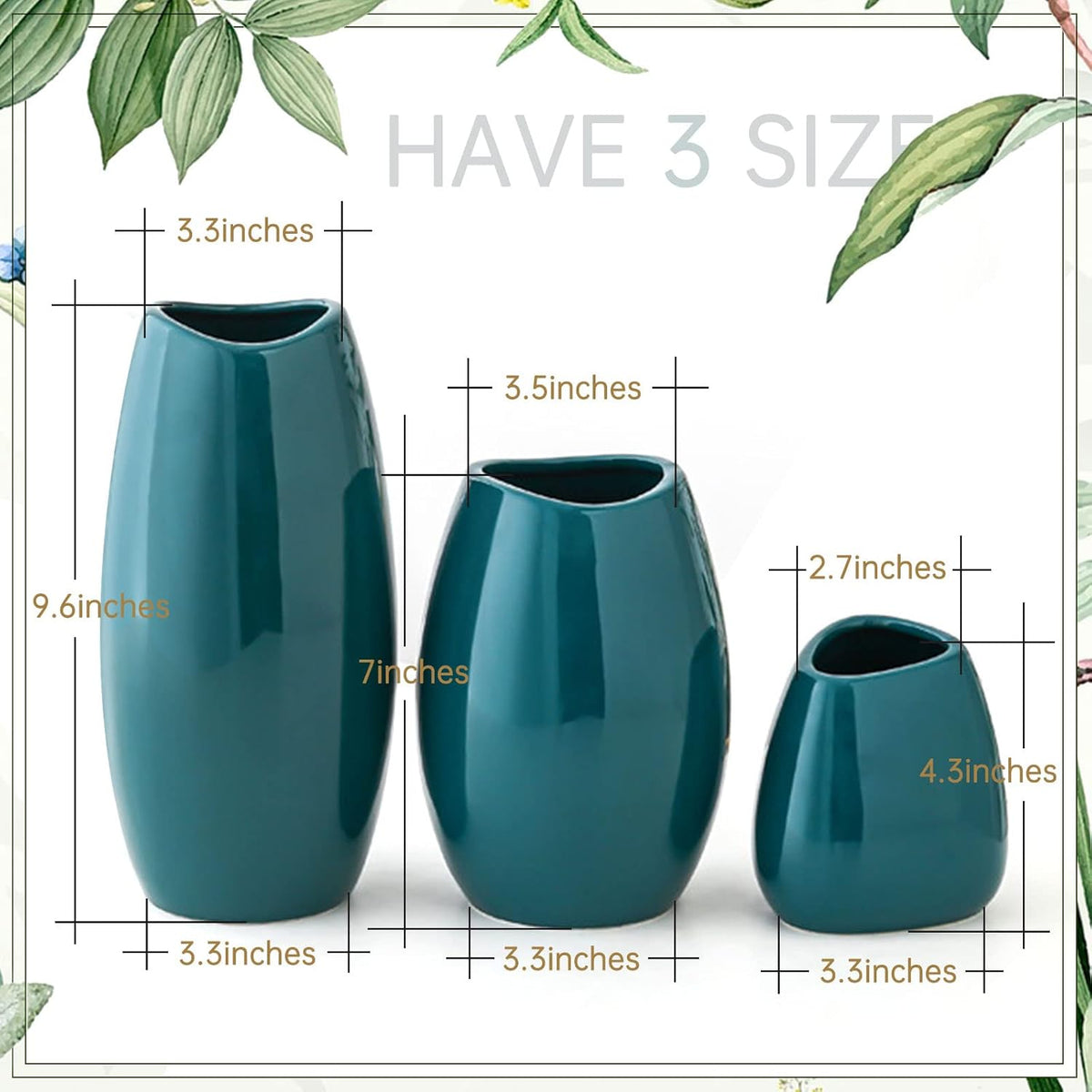 hjn Ceramic Vase Set of 3 Teal Flower Vase for Home Decor, Modern Decorative Vase for Flowers Vases