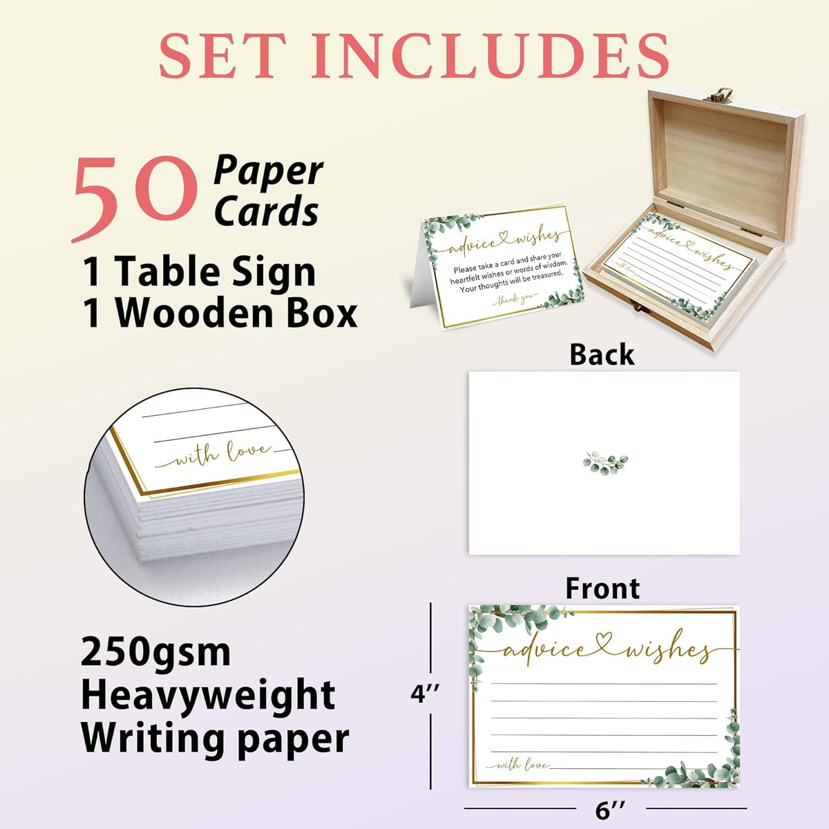 Advice and Wishes Cards Box, 50 Pcs Birthday Wedding Baby Shower Advice Cards, Well Wishes Box for