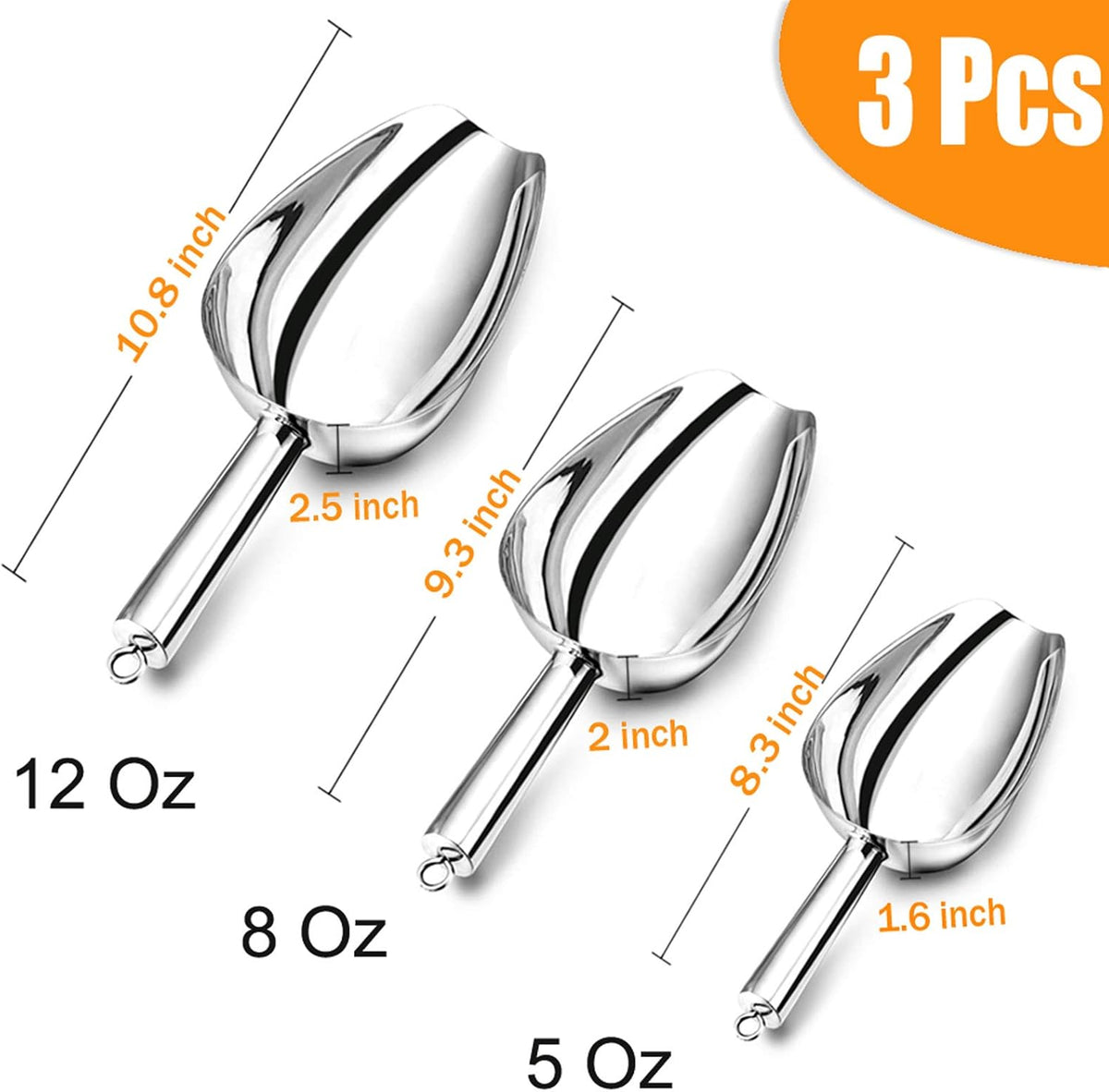 P&P CHEF Canister Scoop Set of 3, Ice Candy Scoop, Stainless Steel Multipurpose Food Scooper for