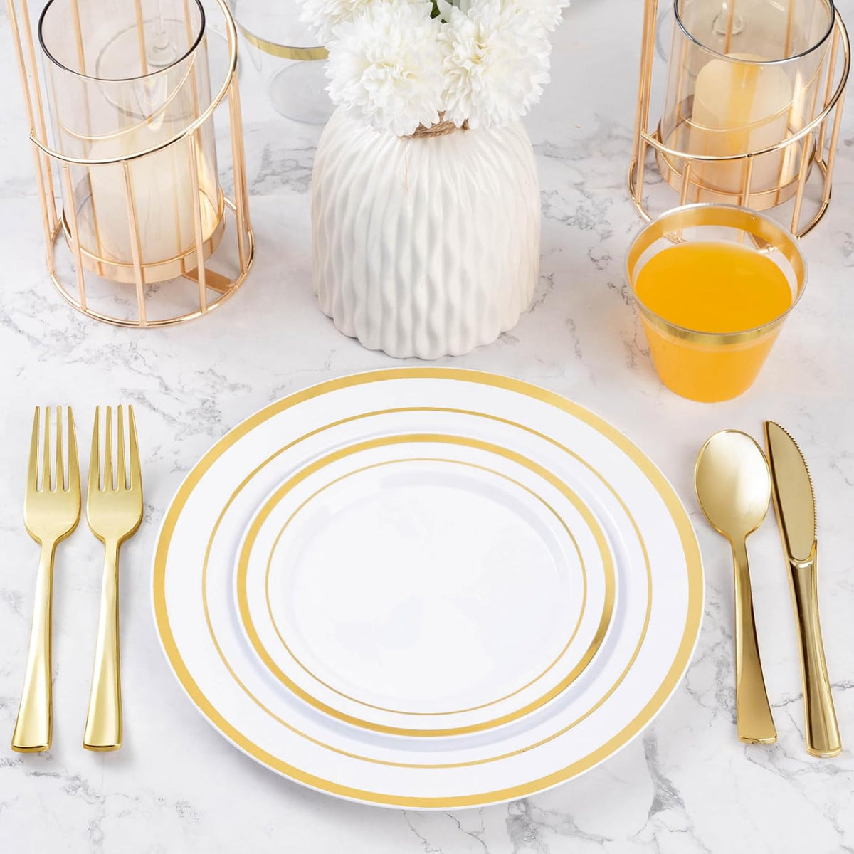 600PCS Gold Plastic Plate Set (100 Guests), Plastic Plates for Party Wedding Birthday, Disposable