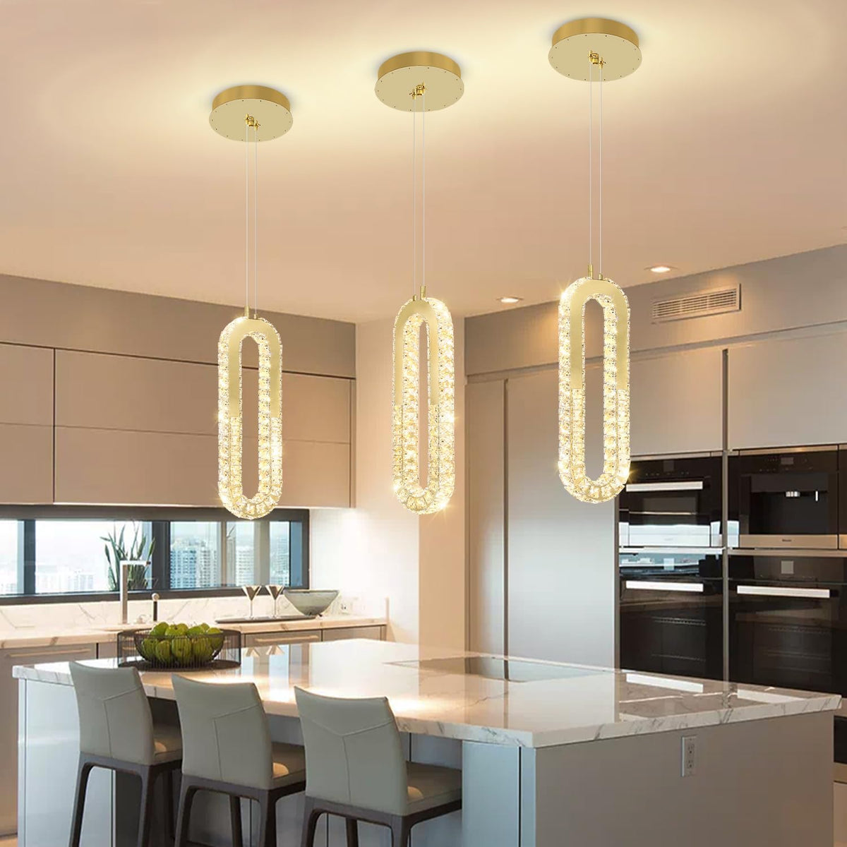 1-Ring Chandelier Gold Modern Pendant Lighting LED Dimmable Hanging Crystal Chandelier for Kitchen