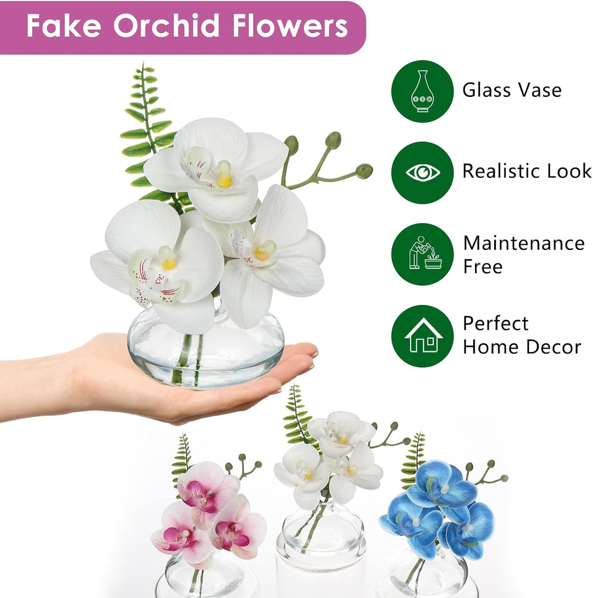 White Orchids Artificial Flowers Faux Orchids Arrangement in Clear Glass Vases Set of 3 Real Touch