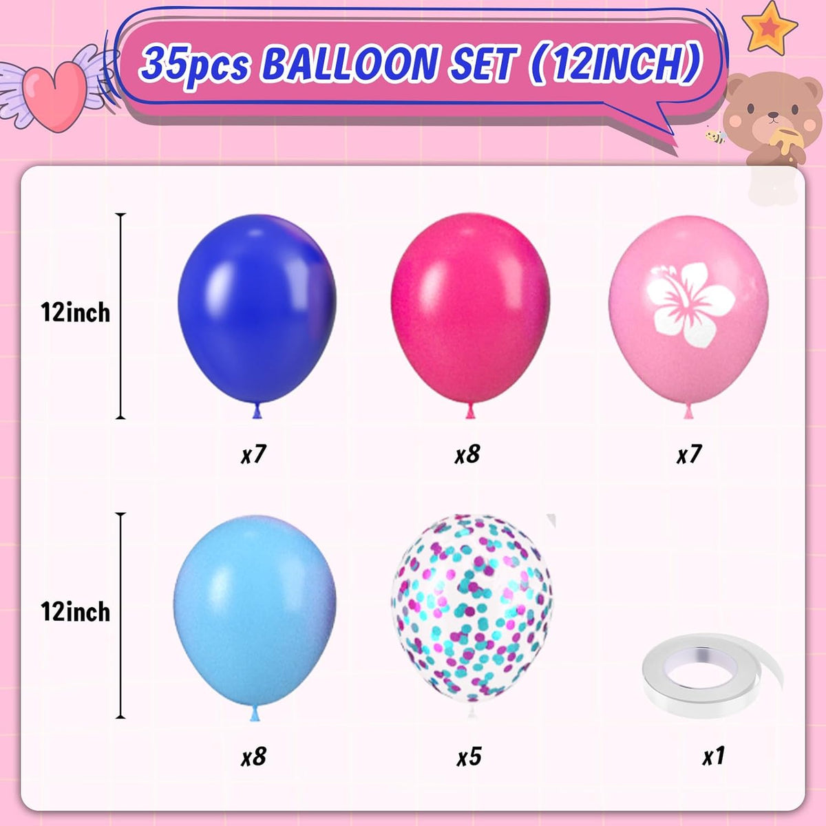 Pink and Blue Balloons, 12 Inch Royal Blue Hot Pink Confetti Balloons for Girl Cartoon Birthday