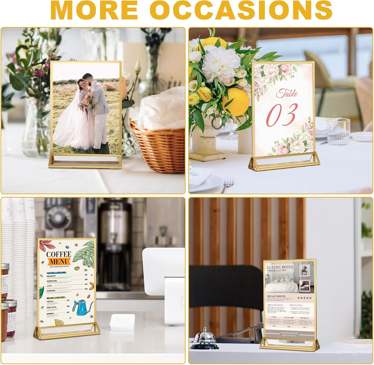 EHWINE 2 Pack Acrylic Sign Holder 4 x 6, Double Sided Gold Picture Frame Stand up Table Top Sign