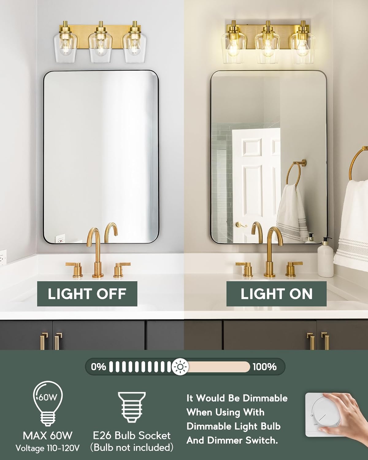 Bathroom Light Fixtures, 3-Light Modern Vanity Light with Clear Glass Wine Glass-Shaped Shade