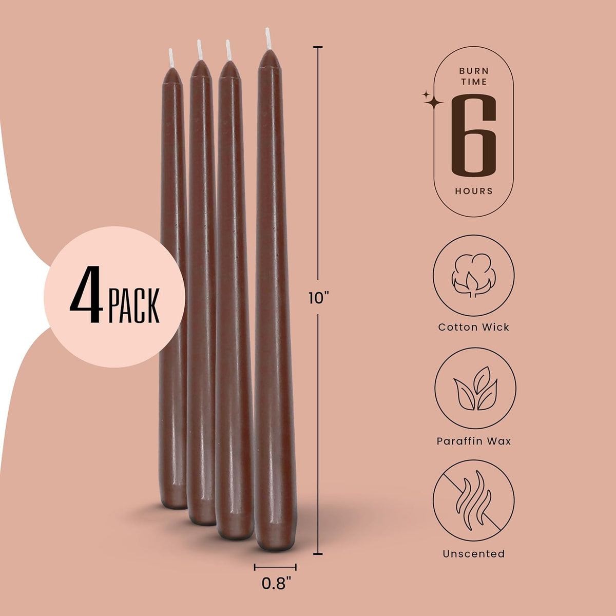 Leor & Lair Brown Taper Candles - 4 Pack 10" Brown Candlesticks - Unscented Long Burning Candle