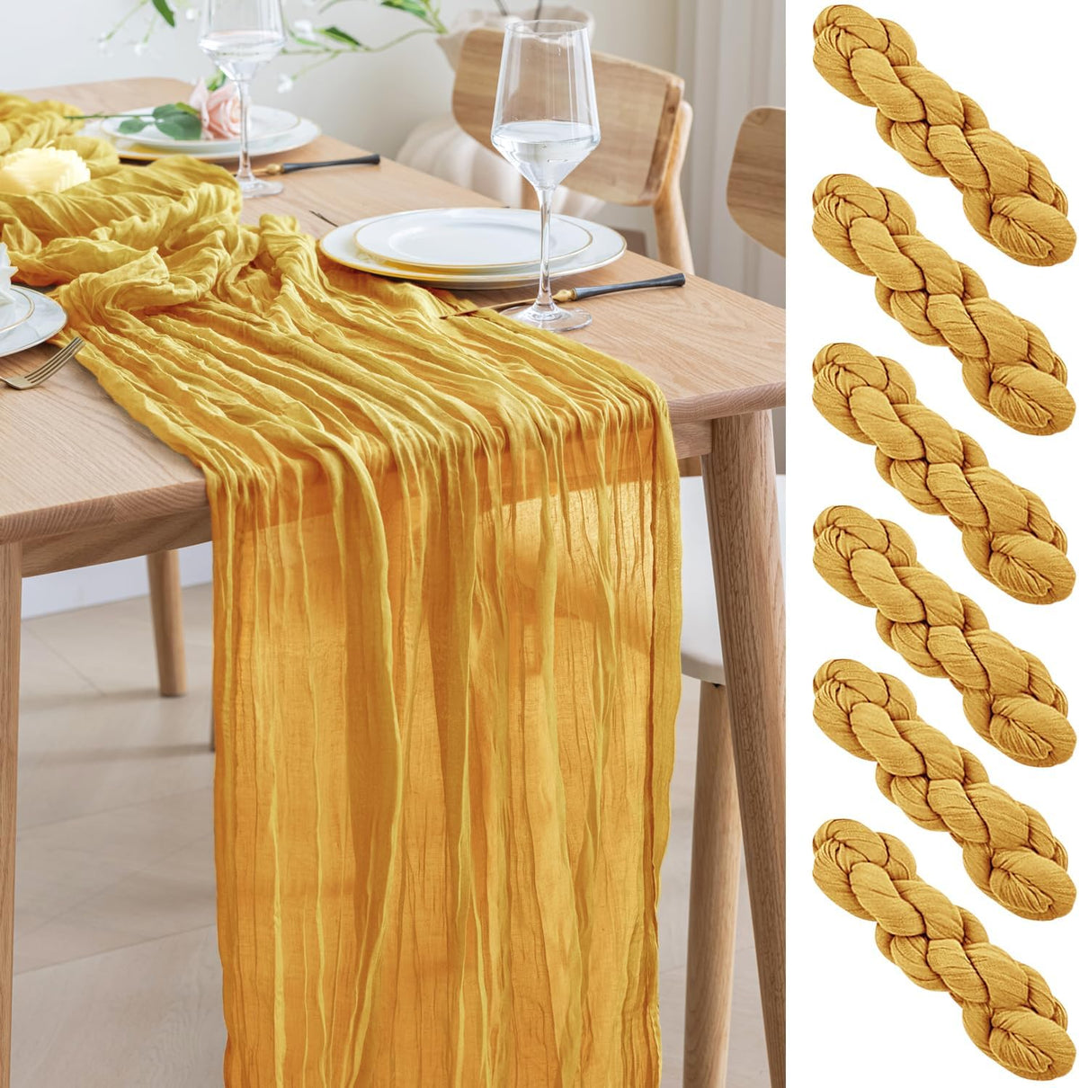 Asee'm 6pcs Cheesecloth Table Runner 120 Inches Long Gold Boho Gauze Cheese Cloth Runner 10FT