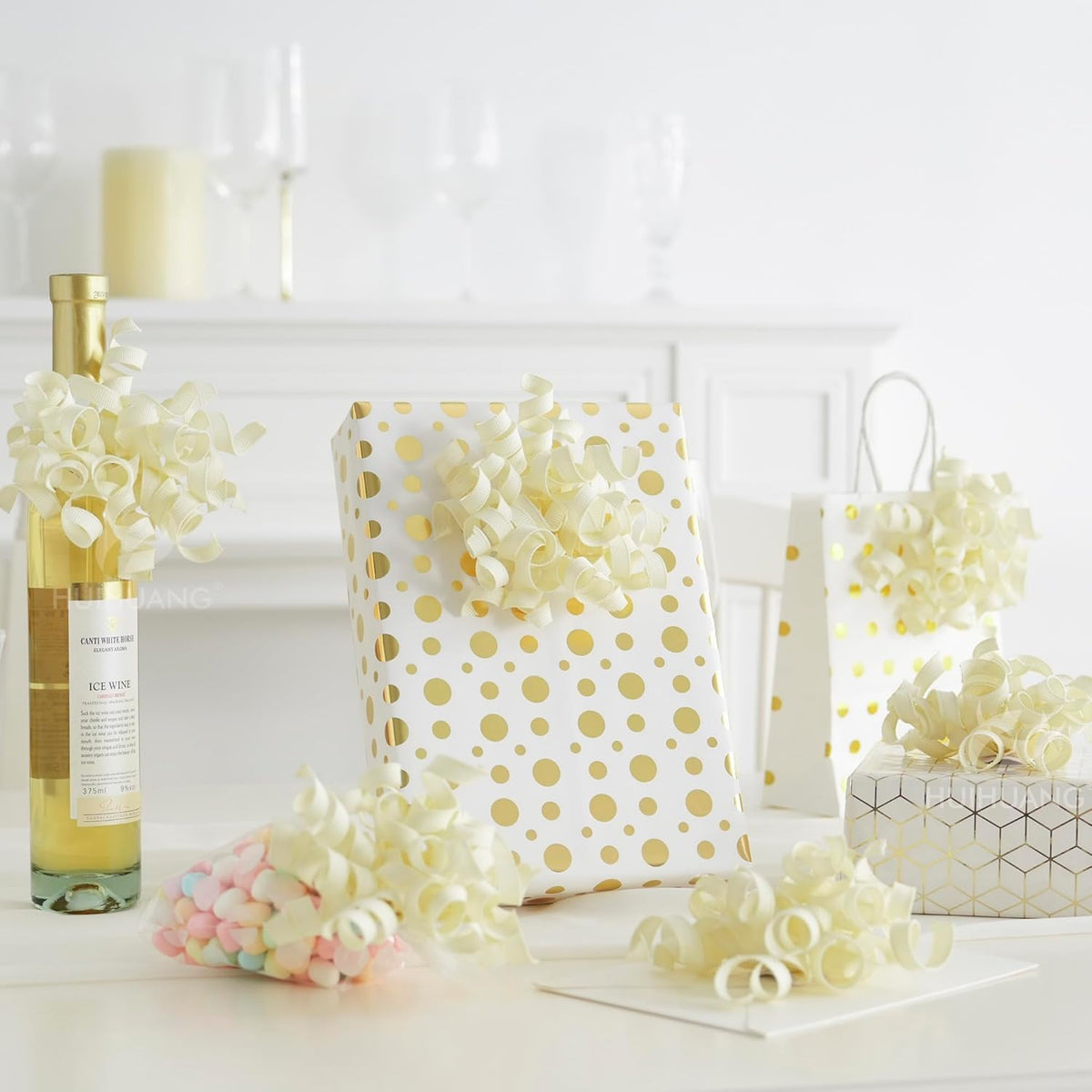 HUIHUANG Ivory Bows for Gift Wrapping, White Curly Ribbon Bows Self Adhesive Burst Gift Bow for