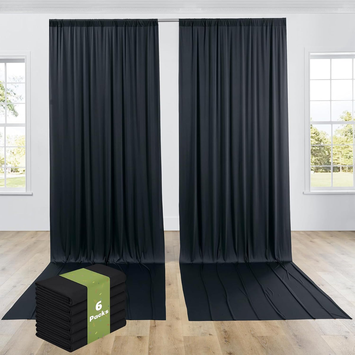 PartyVillage 30ft×15ft Black Backdrop Curtain for Halloween Parties, 6 Panels Wrinkle Free 15 FT