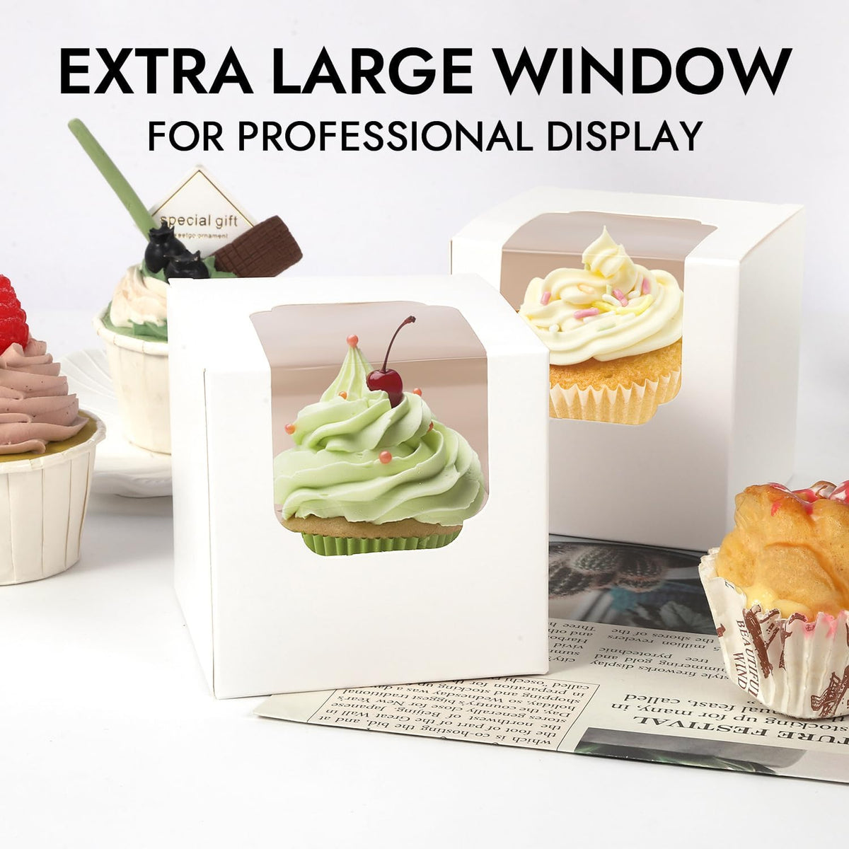 JCD 120 Packs Individual Cupcake Box White with Insert, 3.5" Cupcake Containers Single with Insert