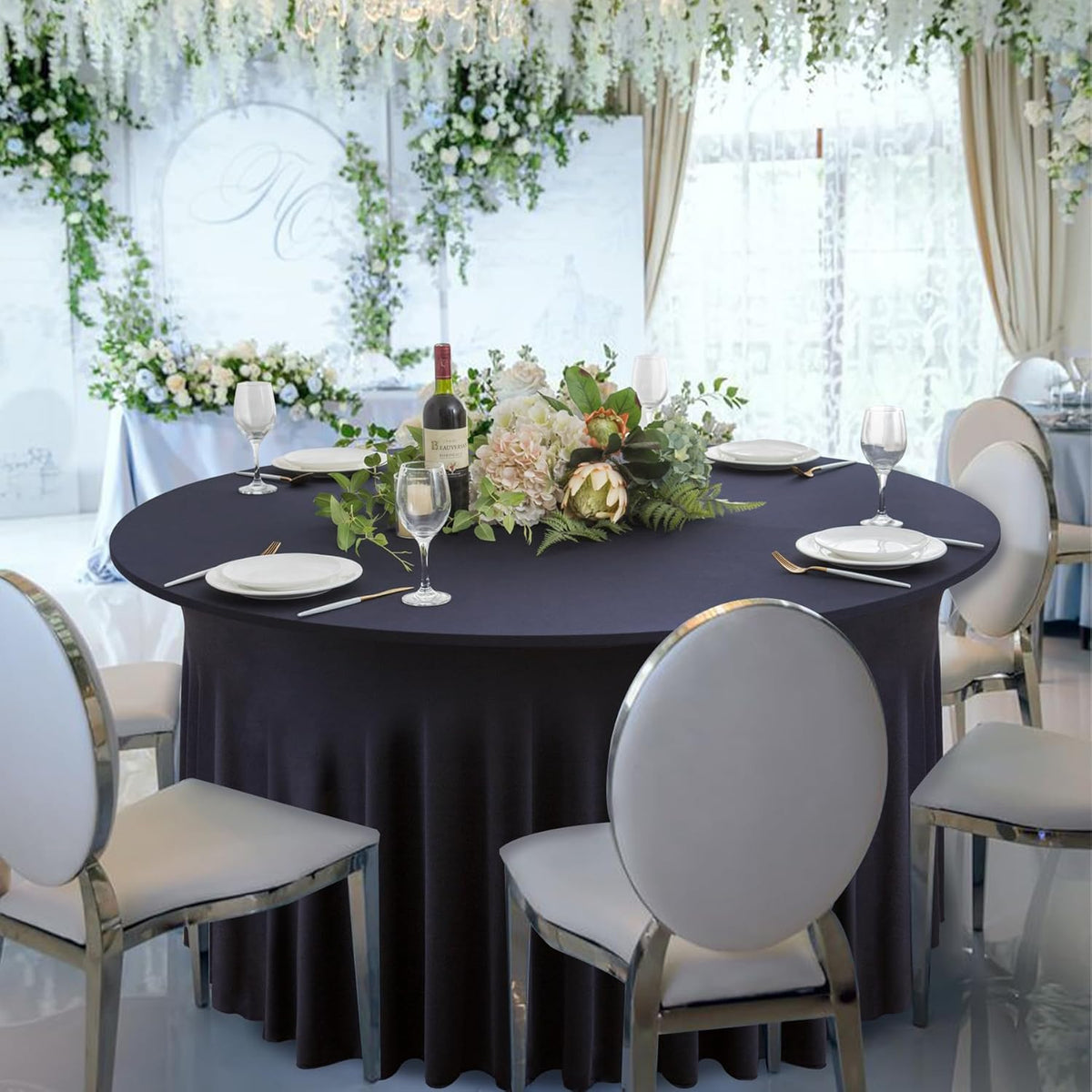 6 Pack Navy Blue Round Spandex Tablecloth 60 Inch, Wrinkle Free Stretch 120 Inch Fitted 5ft Navy