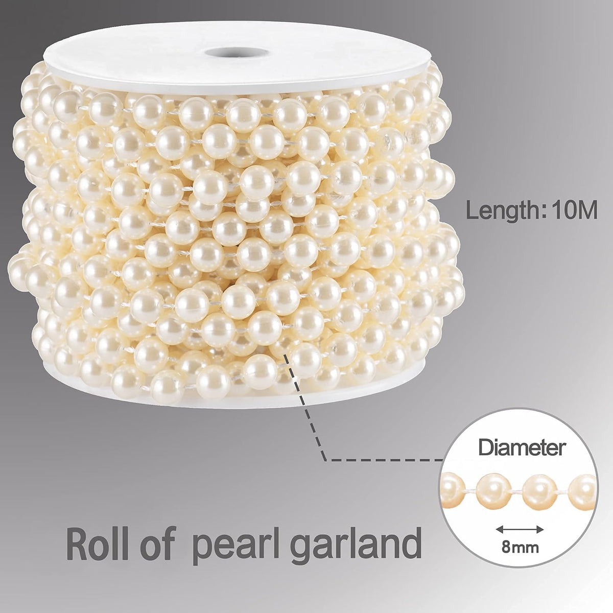 Craft String Pearls 8MM Pearl Bead, 33 Feet Ivory Faux Pearl Garland Spool Roll Strand Wedding