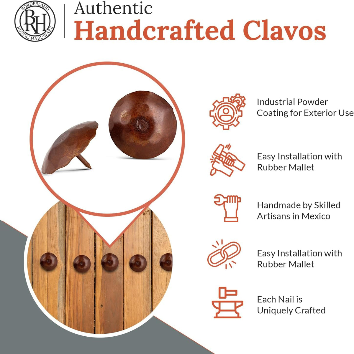 50 Pack 2" Round Head Iron Clavos Decorative Nails – Sealed Rusted – Handmade Rustic Round
