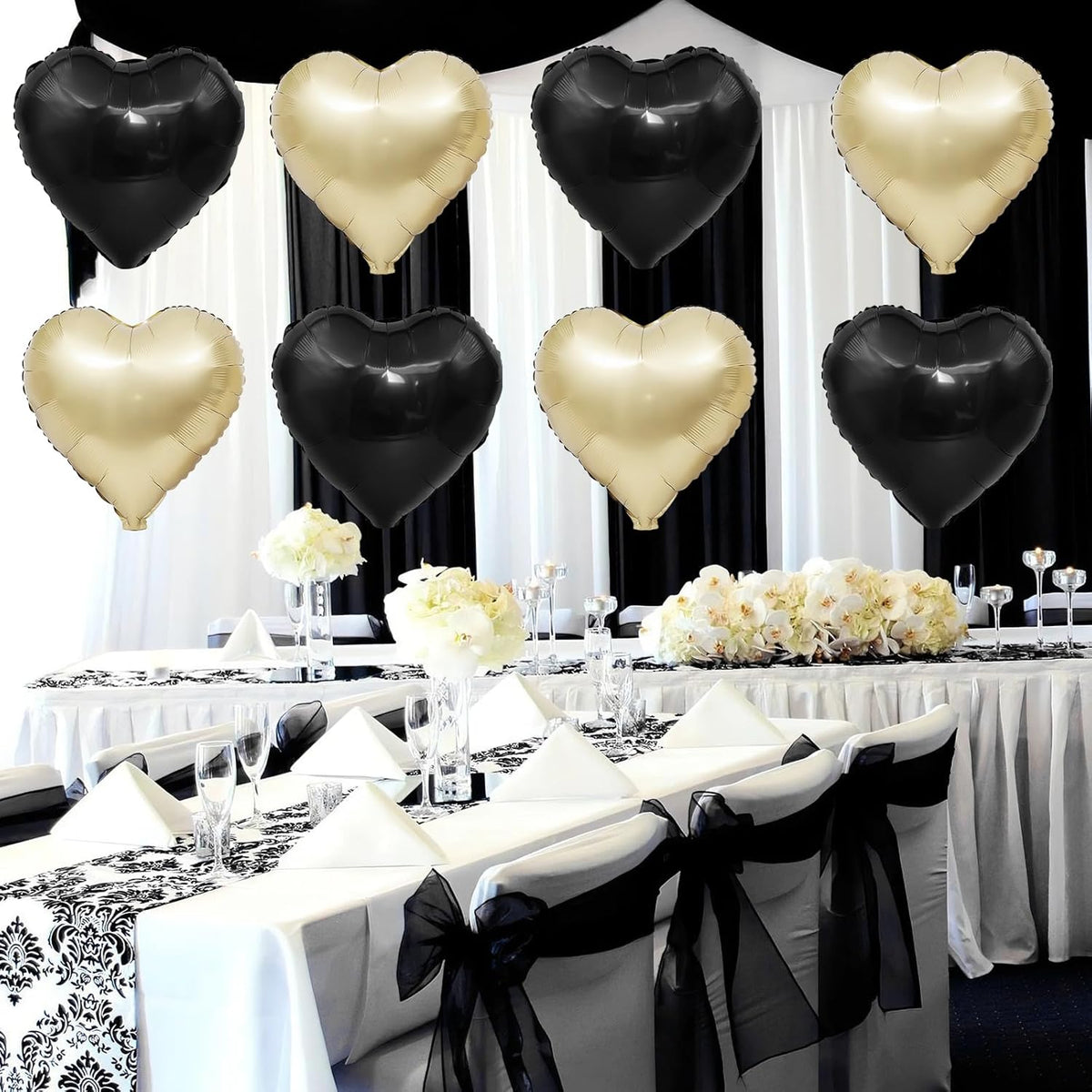 Black Gold Heart Balloons,12Pcs 18Inch Black Champagne Gold Heart Shaped Foil Helium Balloons for