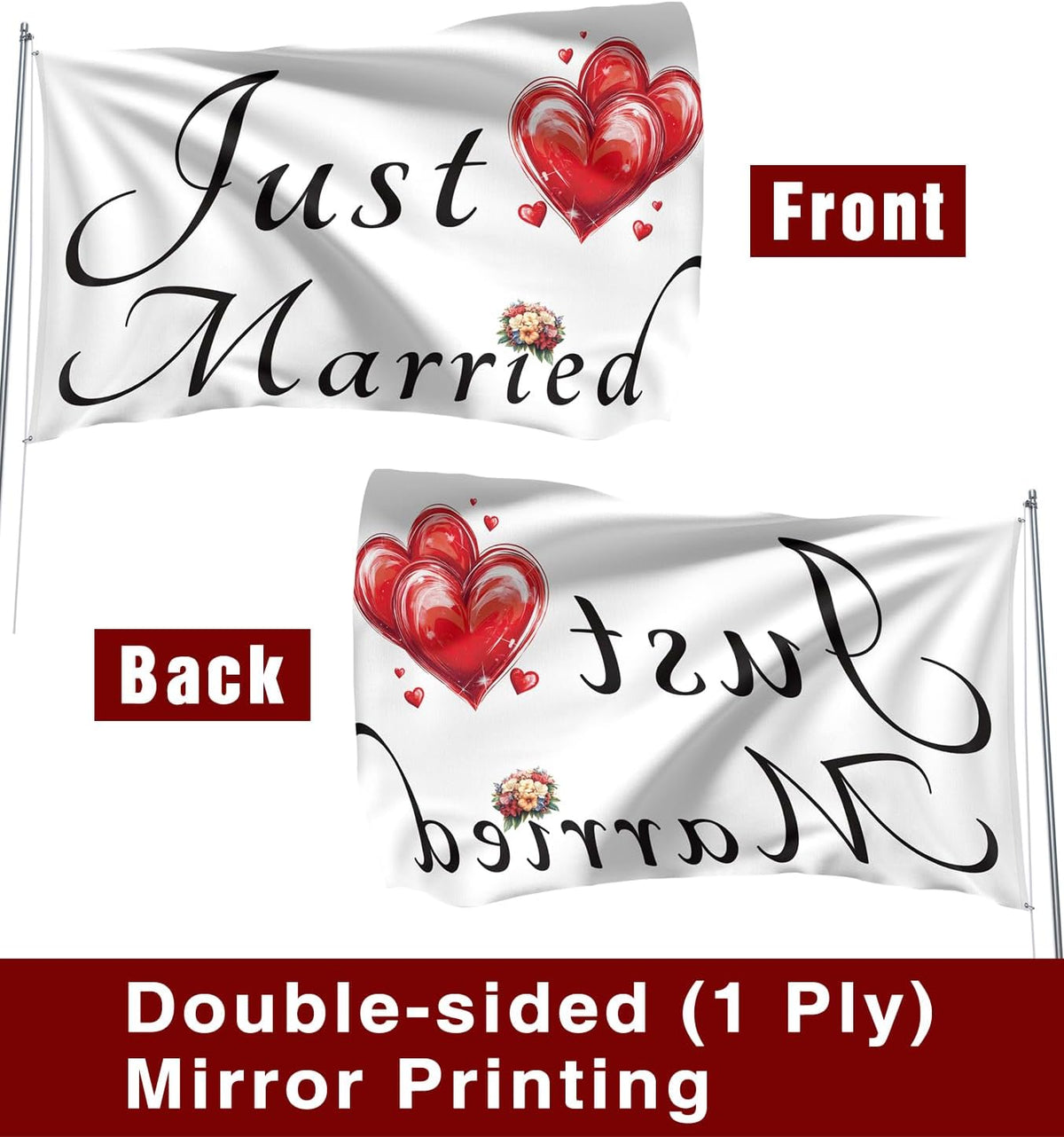 Just Married Flag Banner Outdoor Indoor Decoration Flag 3x5 FT Double Stitched Polyester with Brass