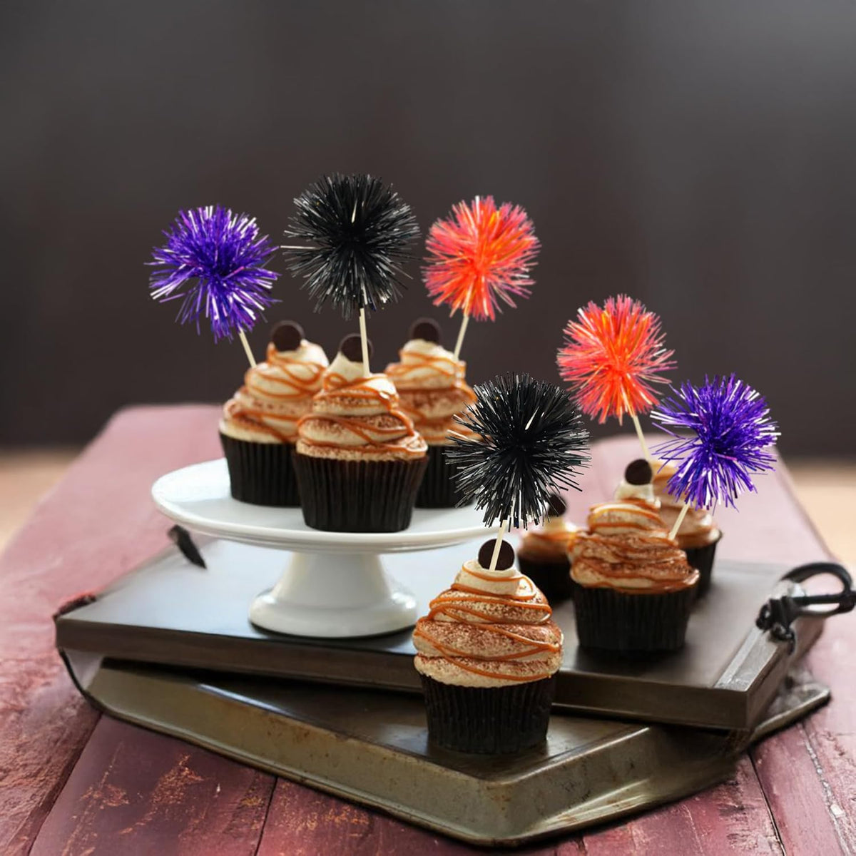 Gyufise 30Pcs Foil Firework Cupcake Toppers Sparkle Tinsel Cake Toppers Tinsel Drink Cake