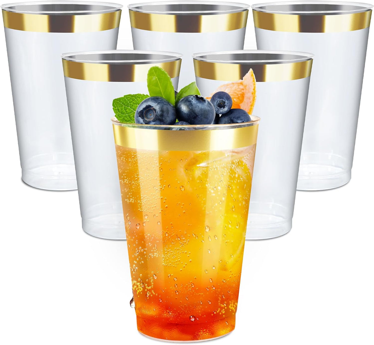 12OZ Plastic Cups with Gold Rimmed Sturdy & Food Safe Disposable Wine Glasses Weeding Party Cups