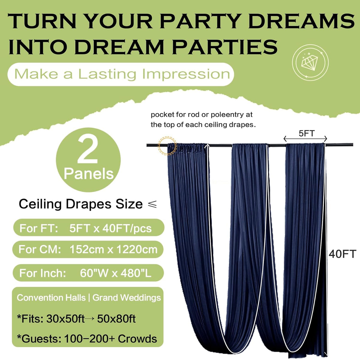 PartyVillage 10ftx40ft Navy Blue Ceiling Curtain for Wedding Parties – 2 Panels Wrinkle-Free 40 FT